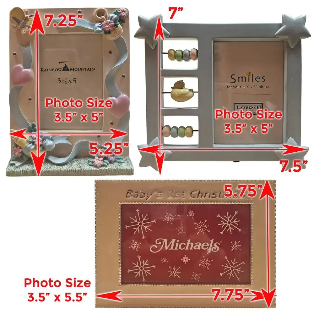 3 VTG Baby Photo Frames First Christmas, Newborn Toy Hearts, Bird & Toy w/ Stars